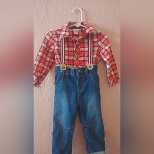 Cat and Jack Plaid orange, white and burgundy bodysuit button down shirt & pants